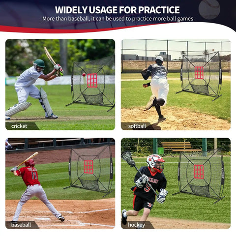 7x7 Ft Baseball And Softball Practice Net With Bow Frame For Batting Hitting And Pitching Portable Backyard Ready Pro Grade Throwing Net With Strike Zone Heavy Duty Steel Rods Durable 7 Ply Polyester Mesh Carry Bag For Indoor Outdoor Use shown in various sports like cricket, softball, baseball, and hockey.
