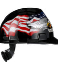 V-Gard Slotted Hard Hat with Fas-Trac Ratchet Suspension, polyethylene safety helmet with American flag design, side view