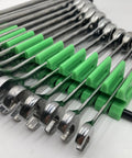 Space Saving 42 Wrench Organizer Set With Infinitely Adjustable Dividers For Upright Or Flat Wrench Storage Also Holds Screwdrivers Pliers Extensions And More Tools In A Durable Green Finish, showcasing chrome wrenches.