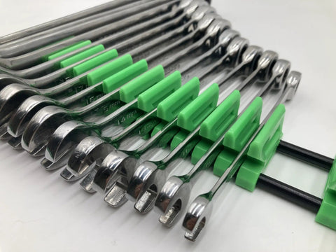 Space Saving 42 Wrench Organizer Set With Infinitely Adjustable Dividers For Upright Or Flat Wrench Storage Also Holds Screwdrivers Pliers Extensions And More Tools In A Durable Green Finish, showcasing chrome wrenches.