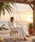 Woman relaxing in Macrame Hammock Chair Swing With Round Seat Cushion And Hardware Kit For Indoor Outdoor Use Boho Beige Hanging Chair