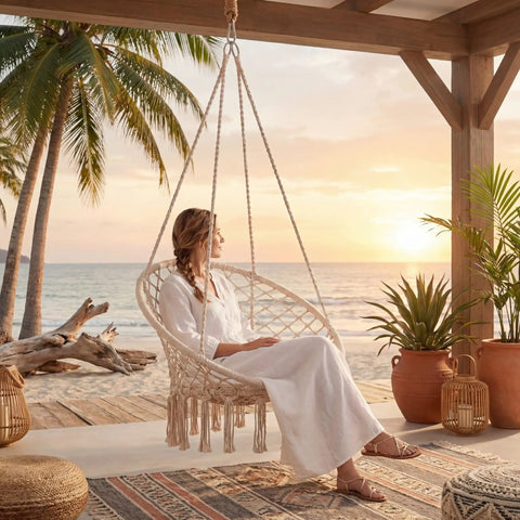Woman relaxing in Macrame Hammock Chair Swing With Round Seat Cushion And Hardware Kit For Indoor Outdoor Use Boho Beige Hanging Chair