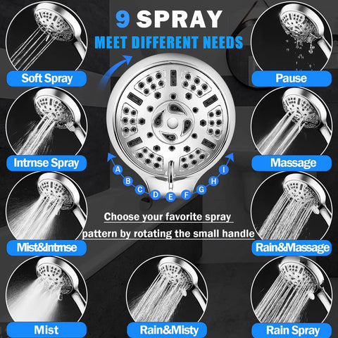 9 spray modes of High-Pressure 9-Function Handheld Showerhead Kit With 59-Inch Hose Adjustable Bracket Rubber Washers Beast Mode Performance