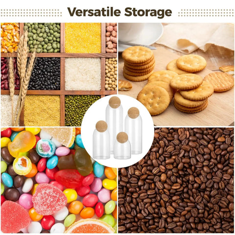 Straight Up Kitchen Essential Four Piece Glass Jar Collection With Airtight Spherical Cork Lids To Lock In Coffee Tea Candy Freshness And Effortlessly Organize Pantries No Fuss with various pantry items.