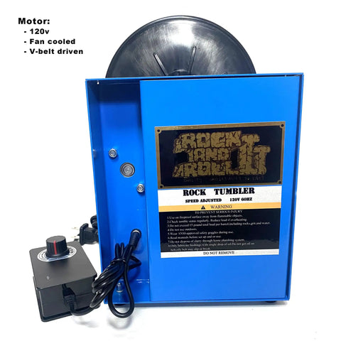 15 Pound Rock Tumbler Machine Rock Polisher Kit for sea glass and rock hobbyists, blue motor view, belt driven, 120V.
