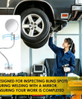 Heavy Duty Magnetic Welding Inspection Mirror With 360 Degree Adjustable Arm For Auto Repair Pros shown in use in garage