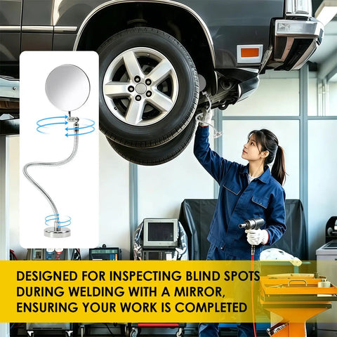 Heavy Duty Magnetic Welding Inspection Mirror With 360 Degree Adjustable Arm For Auto Repair Pros shown in use in garage