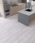 Coastal White Wood Grain Peel And Stick Vinyl Flooring Planks 6x36 In Waterproof Self Adhesive Floor Tiles in modern kitchen
