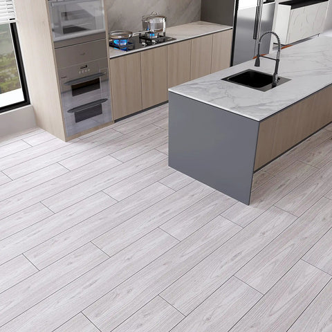 Coastal White Wood Grain Peel And Stick Vinyl Flooring Planks 6x36 In Waterproof Self Adhesive Floor Tiles in modern kitchen