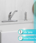 Premium Single Handle High Arc Kitchen Faucet With Swivel Side Spray, Polished Chrome Finish showcasing the side spray and main handle.