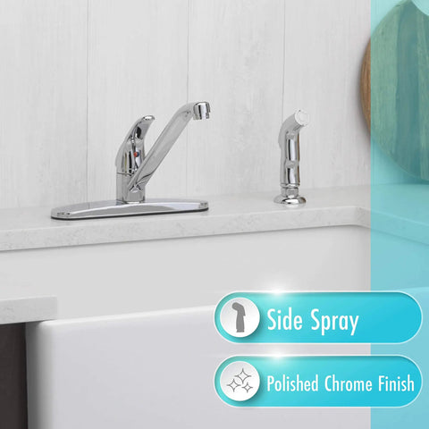Premium Single Handle High Arc Kitchen Faucet With Swivel Side Spray, Polished Chrome Finish showcasing the side spray and main handle.