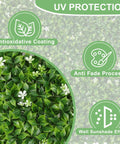 Six Pack 20 Inch By 20 Inch Artificial Grass Wall Panels Greenery Backdrop Set Boxwood Leaves with UV protection icons.