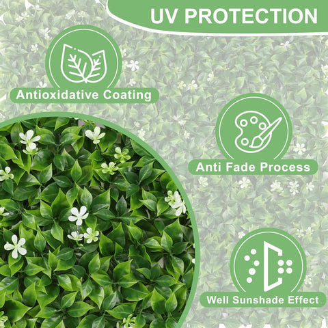 Six Pack 20 Inch By 20 Inch Artificial Grass Wall Panels Greenery Backdrop Set Boxwood Leaves with UV protection icons.