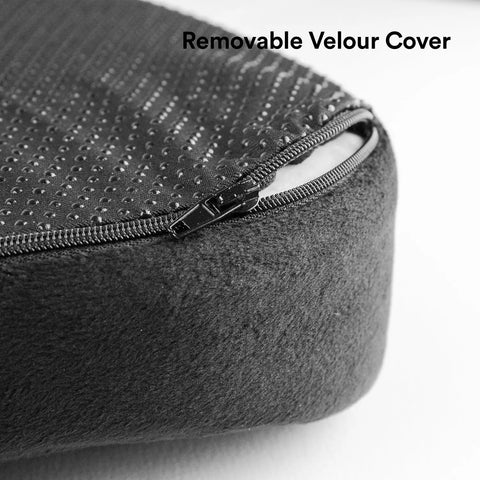 Close-up of upgraded memory foam seat cushion for sciatica and back pain relief with removable velour cover.
