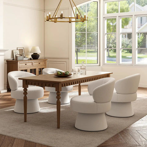 Dining room with 360 Degree Swivel Accent Chair In Soft Chenille Boucle Upholstery, compact armchairs around a wooden table.
