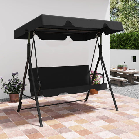 Outdoor Patio Swing Chair With Adjustable Canopy And Heavy Duty Stand For Three Adults on patio with plants behind