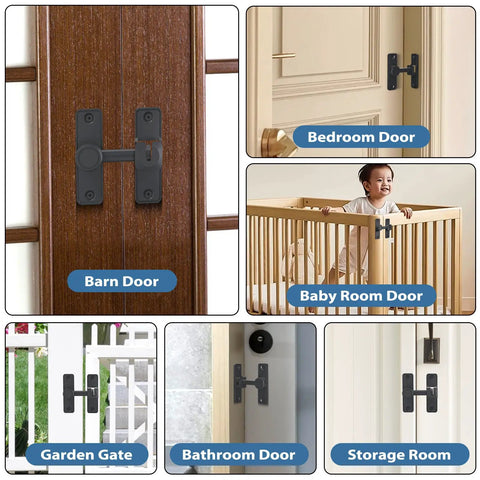 Heavy Duty Barn Door Lock Latch 90 And 180 Degree Adjustable mounted on various doors and gates for indoor and outdoor security.