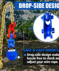 2 Ton Snatch Block With G80 Chain For Three Eighths Inch Wire Rope, Drop-side design shown outdoors with chain and hook.