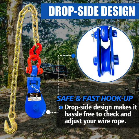 2 Ton Snatch Block With G80 Chain For Three Eighths Inch Wire Rope, Drop-side design shown outdoors with chain and hook.