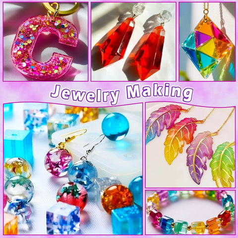 Epoxy resin color pigment set, 48 vivid colors 6ml bottles for art, DIY and jewelry; collage of resin jewelry and beads.