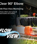 RhinoFlex Clear RV Sewer Hose Elbow With 4 In 1 Adapter Odor Tight Seal And 360 Degree Rotating Fitting Built In Gasket For Odor Proof Connection Fits Four Dump Station Inlets For Easy Leak Free RV Waste Hose Setup, clear 90° elbow with flow view