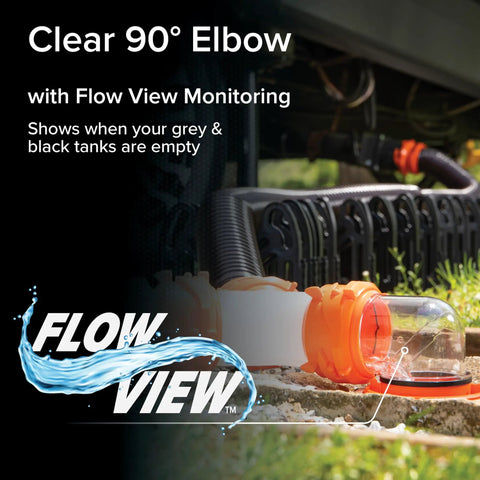 RhinoFlex Clear RV Sewer Hose Elbow With 4 In 1 Adapter Odor Tight Seal And 360 Degree Rotating Fitting Built In Gasket For Odor Proof Connection Fits Four Dump Station Inlets For Easy Leak Free RV Waste Hose Setup, clear 90° elbow with flow view