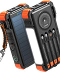 Beast Power Bank 20000mAh with built-in cables, wireless Apple Watch charger, solar panel, USB ports, flashlight, and compass.