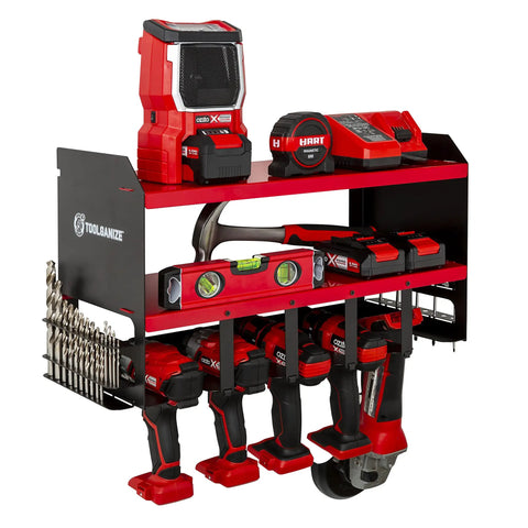 Heavy Duty Power Tool Organizer Wall Mount With Metal Drill Holder And Cordless Tool Chest Rack For A Pro Garage Setup Premium Shelving Pegboard Shed Storage Red, showing tools and accessories.