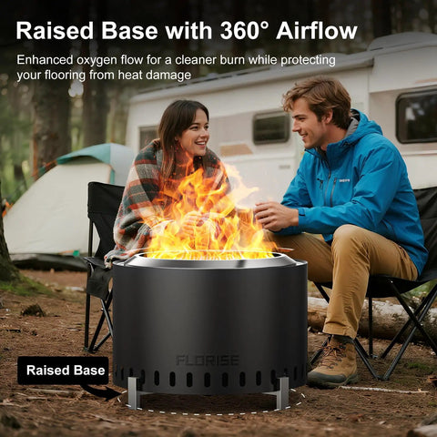 27 Inch Smokeless Outdoor Fire Pit with Water Resistant Cover and Poker, portable stainless steel fireplace in campsite setting