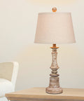 Two Piece Candlestick Resin Table Lamp Set In Cottage Antique Beige With Oatmeal Shade, 26 Inch Tall, on wooden table
