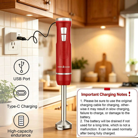 Badass Cordless Immersion Stick Blender With 8 Power Levels And 3 In 1 Utility charging via USB in a kitchen setting.