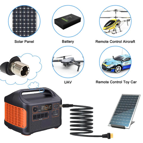 XT60 To 8mm Adapter Cable 14AWG DC8020 Power Connector for RC drones, solar generators, shown with compatible devices.