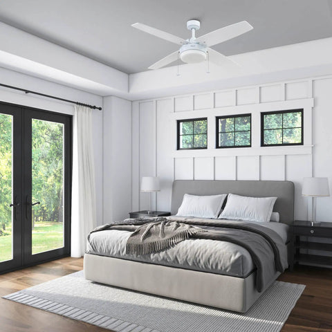 Bedroom view with Memphis 52 Inch Contemporary Indoor LED Ceiling Fan With Light And Pull Chain Dual Mounting Options