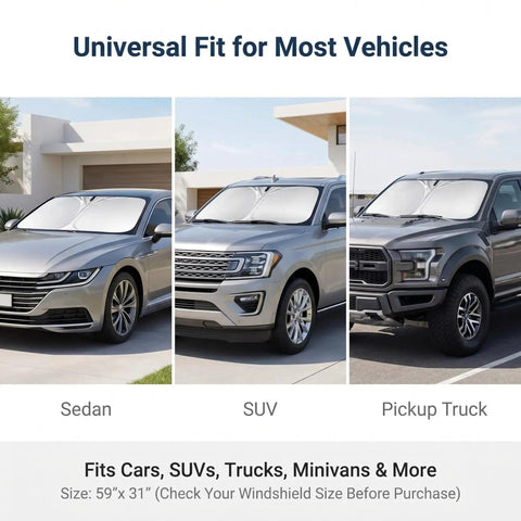 Tailored Fit Windshield Sun Shade For Rivian R2, Foldable Reflective Front Window Visor on sedan, SUV, and truck.