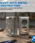 Heavy Duty 2x4 Utility Electrical Outlet Box Kit With Metal Enclosure, 20 Amp Tamper-Resistant Duplex Receptacle, 3-Pack, Includes Duplex Cover Plate, Grounding Screw, And Ten 1/2 Inch Knockouts, metal box