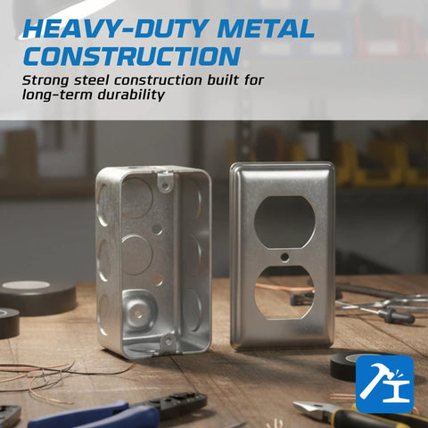 Heavy Duty 2x4 Utility Electrical Outlet Box Kit With Metal Enclosure, 20 Amp Tamper-Resistant Duplex Receptacle, 3-Pack, Includes Duplex Cover Plate, Grounding Screw, And Ten 1/2 Inch Knockouts, metal box