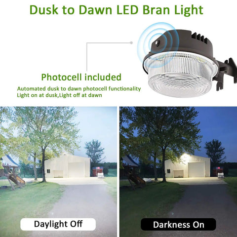 Beast 70W Barn Light With 9800 Lumen Output, 5000K Daylight Outdoor Flood Light, dusk to dawn photocell, day and night comparison