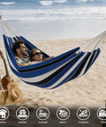 Extra Large Double Brazilian Cotton Hammock With Tree Straps And Travel Bag Grab And Go Portable Outdoor Camp Hammock For Backyard Patio Poolside Indoor Use 550 Lb Capacity Blue on beach