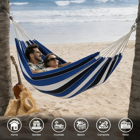Extra Large Double Brazilian Cotton Hammock With Tree Straps And Travel Bag Grab And Go Portable Outdoor Camp Hammock For Backyard Patio Poolside Indoor Use 550 Lb Capacity Blue on beach