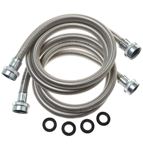 Heavy Duty Stainless Steel Washing Machine Hoses, 4-Foot, 2-Pack with washers shown for leak-free water supply connections.