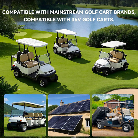 Golf carts on a golf course with 36V Golf Cart Battery With Real Time Bluetooth Monitoring And LCD Display, 4KWh LiFePO4 Pack.