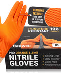 Raxwell nitrile gloves, orange XL, 8.5 mil, 100-count, diamond-texture grip