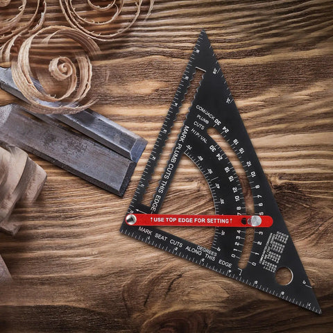 Pro Grade Adjustable Aluminum Triangle Ruler With Imperial Scale 7-Inch Woodworking And Carpentry Square on wooden surface