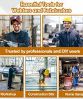 Essential tools for welders and fabricators in workshop, construction site, and home garage settings.