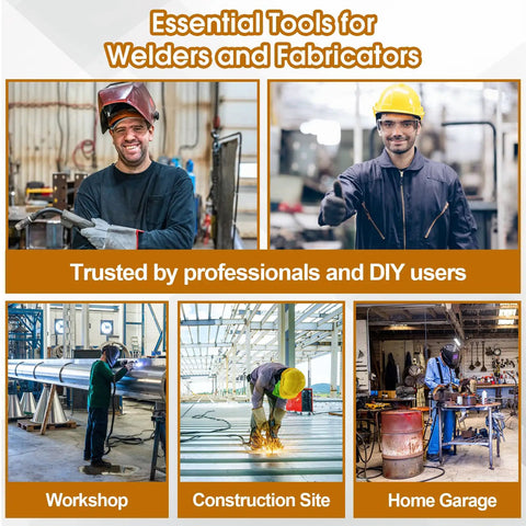 Essential tools for welders and fabricators in workshop, construction site, and home garage settings.