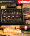 16 Piece Forstner Bit Set With Hex Shank Design in case, showing drill bit on wood, precise clean holes for cabinet making.
