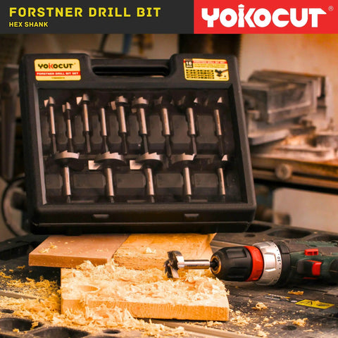 16 Piece Forstner Bit Set With Hex Shank Design in case, showing drill bit on wood, precise clean holes for cabinet making.