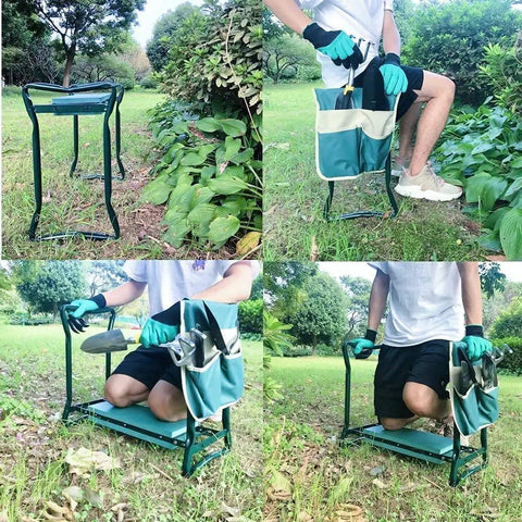 Sturdy Garden Kneeler And Seat With Thick Padded Pad And Tool Pouch, Heavy Duty Foldable Steel Stool, 330 Lb Capacity displayed in garden use