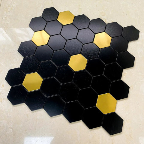 Peel And Stick Backsplash Honeycomb Tile Set For Walls Kitchen Bathroom And Fireplace Stainless Steel Look Gold Brushed Black Finish 5 Sheets Easy Cut And Install viewed from above