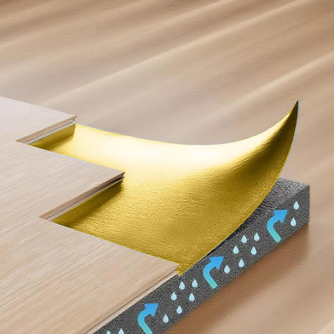 Heavy Duty Three In One Floor Underlayment Two Hundred Sq Ft Roll With Built In Tape And Vapor Barrier Three Mm Thick Epe Foam showing moisture control beneath laminate flooring.